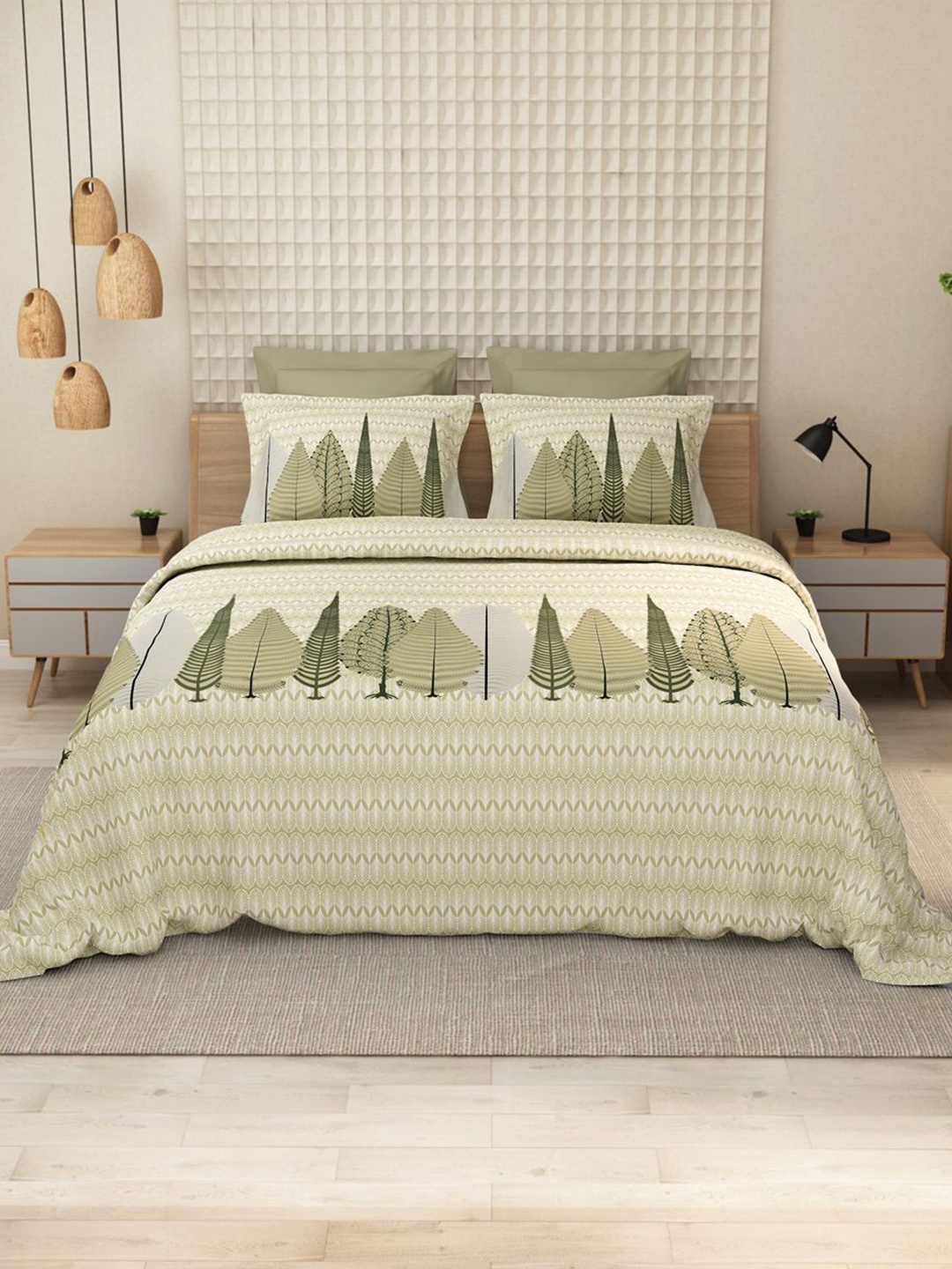 

LABHAM Green & White Abstract 152 TC Pure Cotton King Bedsheet With 2 Pillow Covers
