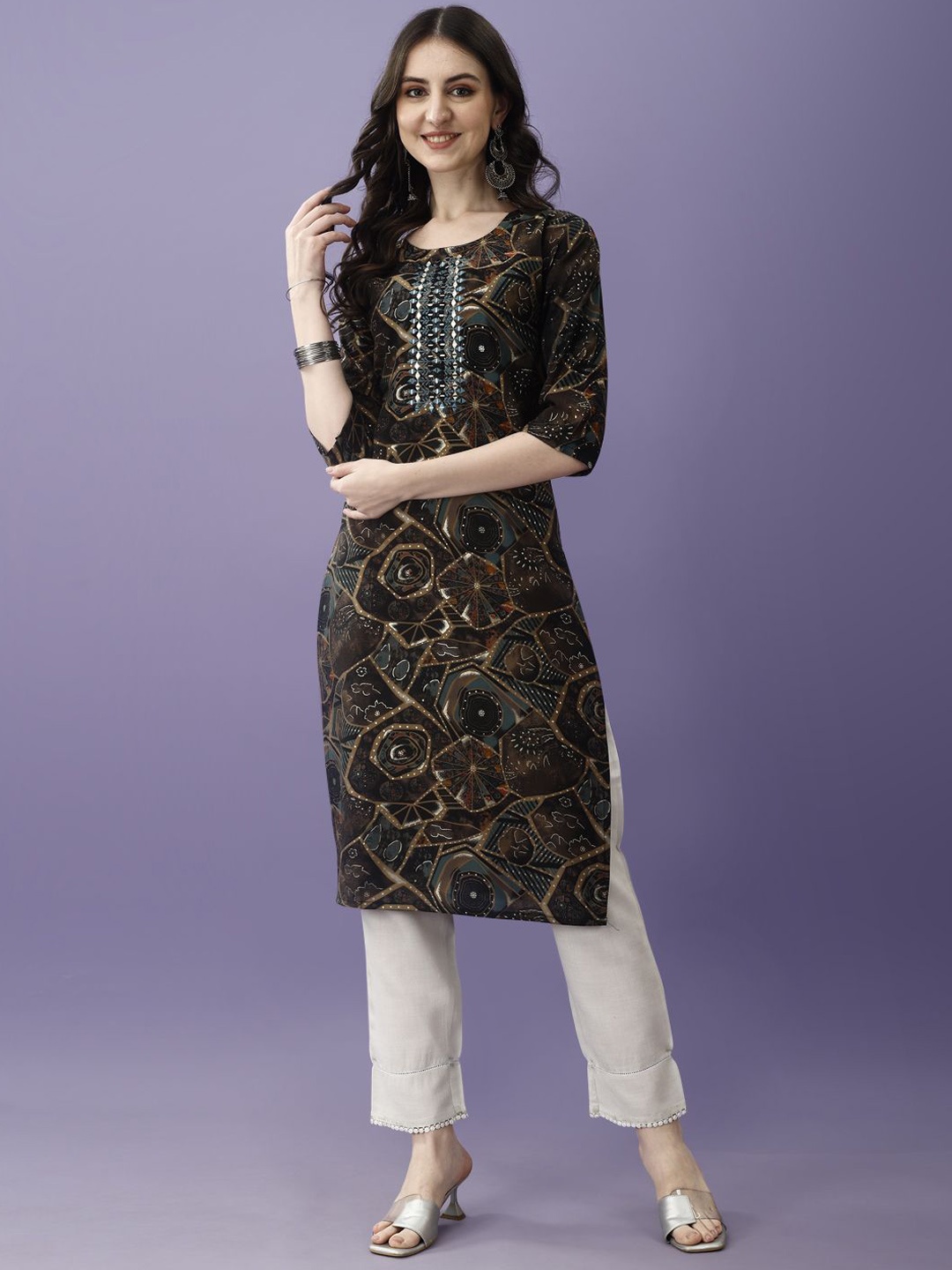 

KUNDAN FAB Floral Printed Thread Work Cotton Straight Kurta, Brown