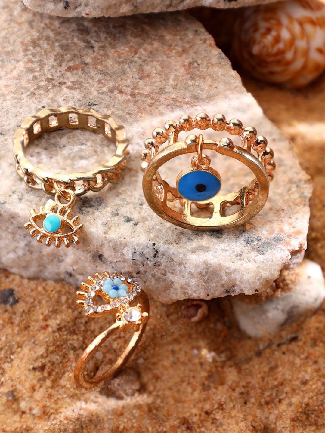 

KACY Set Of 3 Gold-Plated CZ Studded Evil Eye Finger Rings