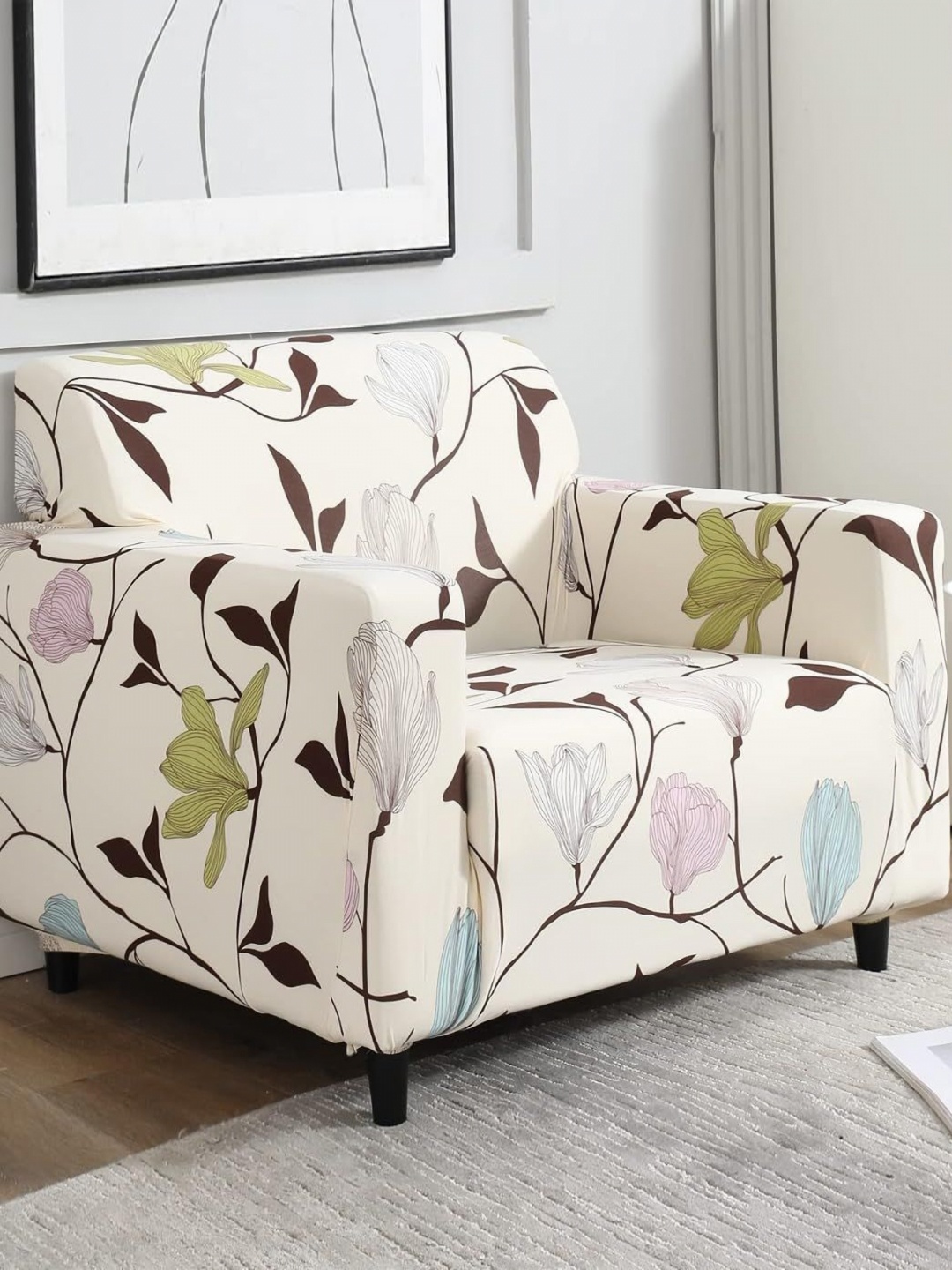 

Furshine Beige & Blue 1 Piece Floral Stretchable Tie String Sofa Cover With Arms