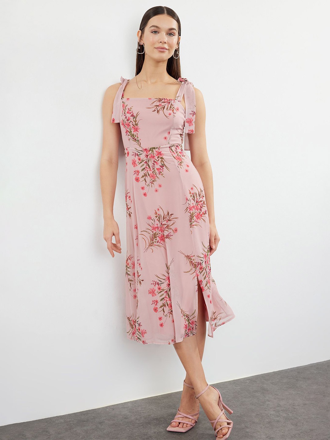 

Trendyol Floral Printed Fit & Flare Midi Dress, Peach