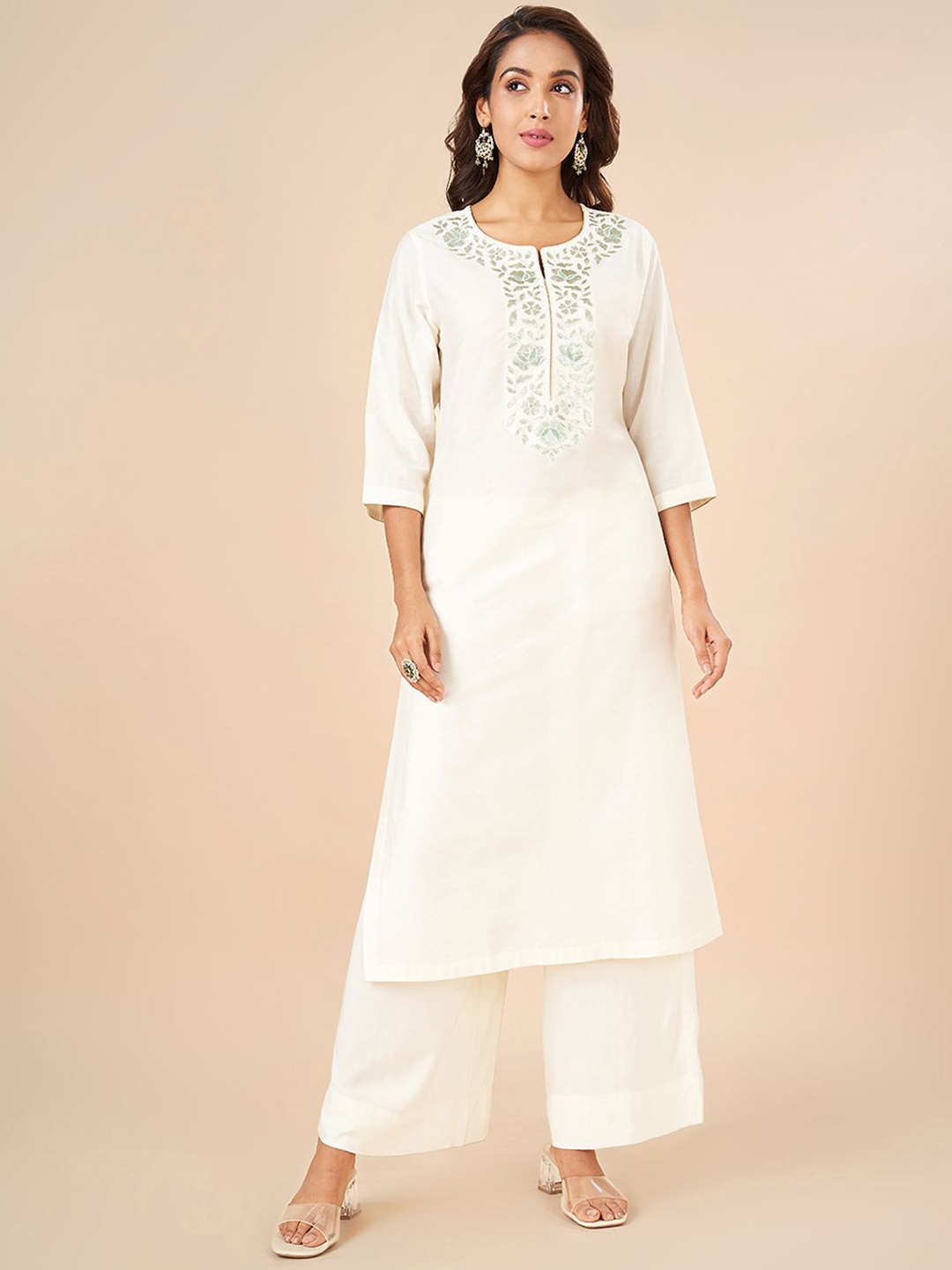 

RANGMANCH BY PANTALOONS Floral Yoke Design Notch Neck Straight Kurta, White