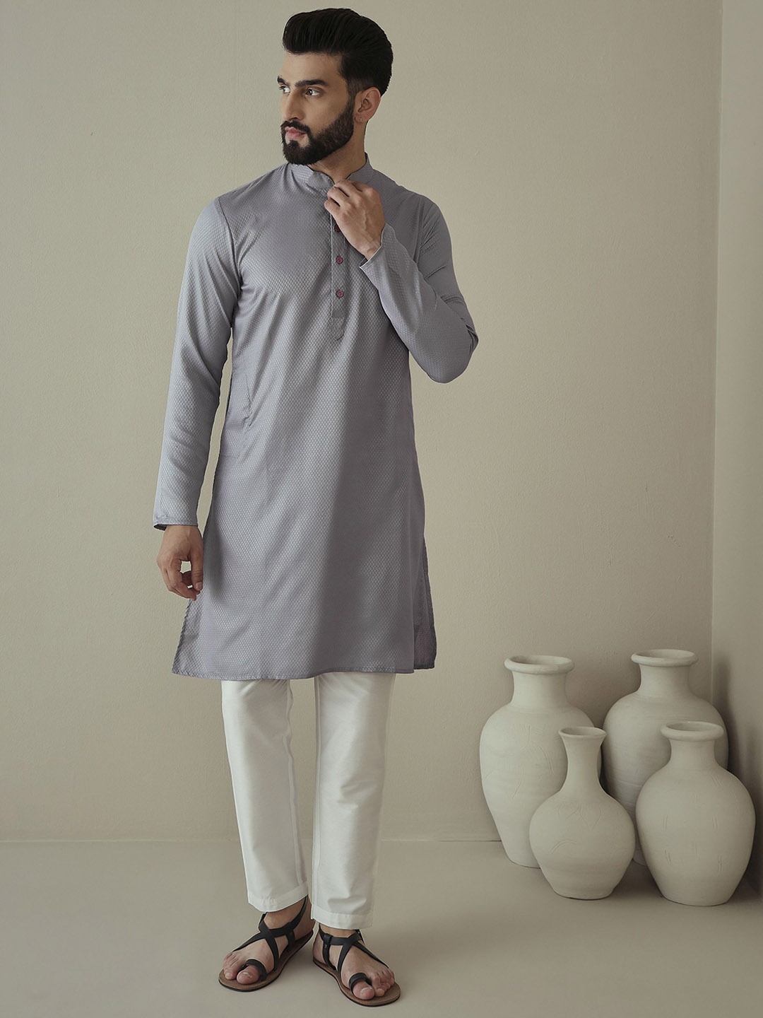 

Inddus Ethnic Motifs Woven Design Mandarin Collar Straight Kurta With Pyjamas, Grey