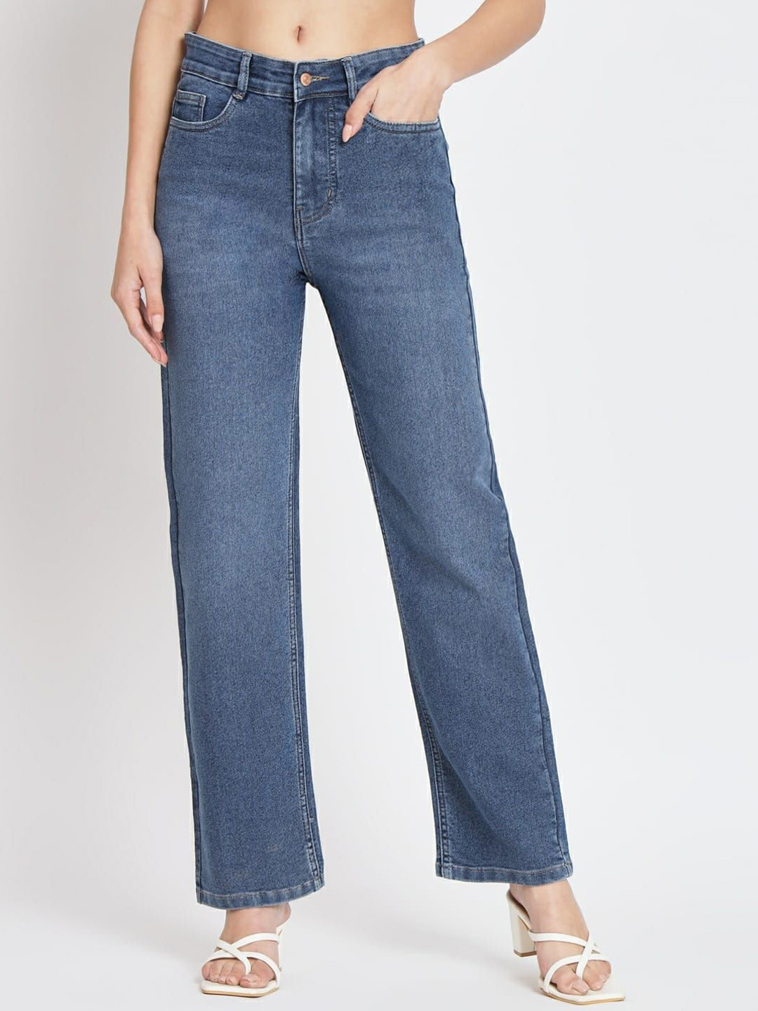 

FASHIONFIBRE Women Straight Fit Mildly Distressed High-Rise Jeans, Blue