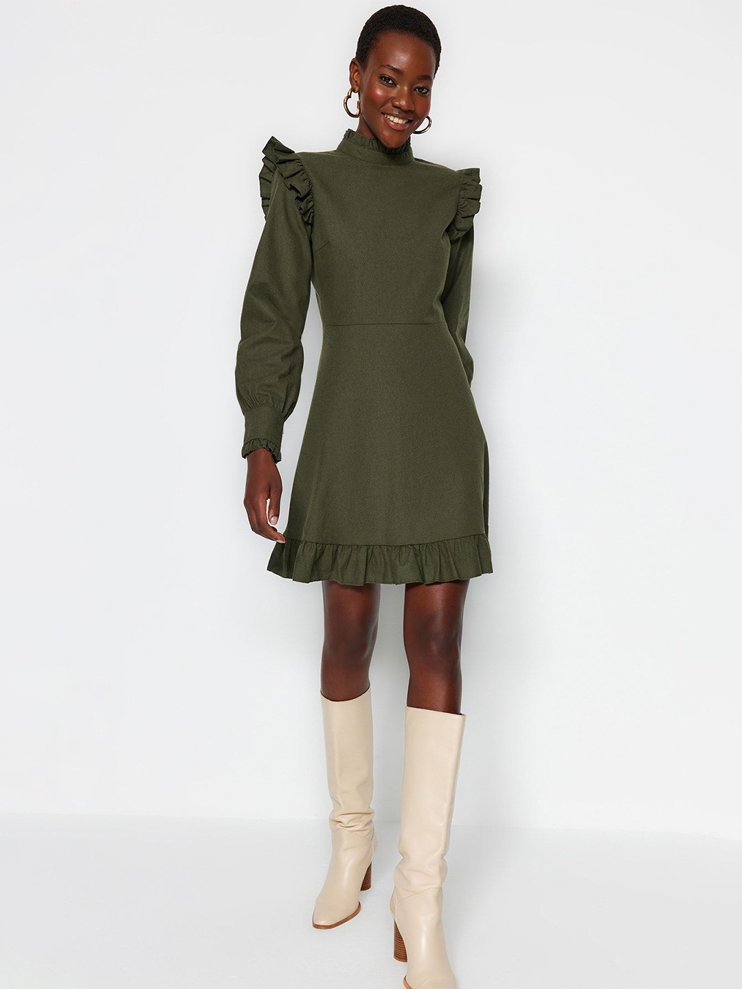 

Trendyol Women Solid Cotton Fit & Flare Mini Dress, Green