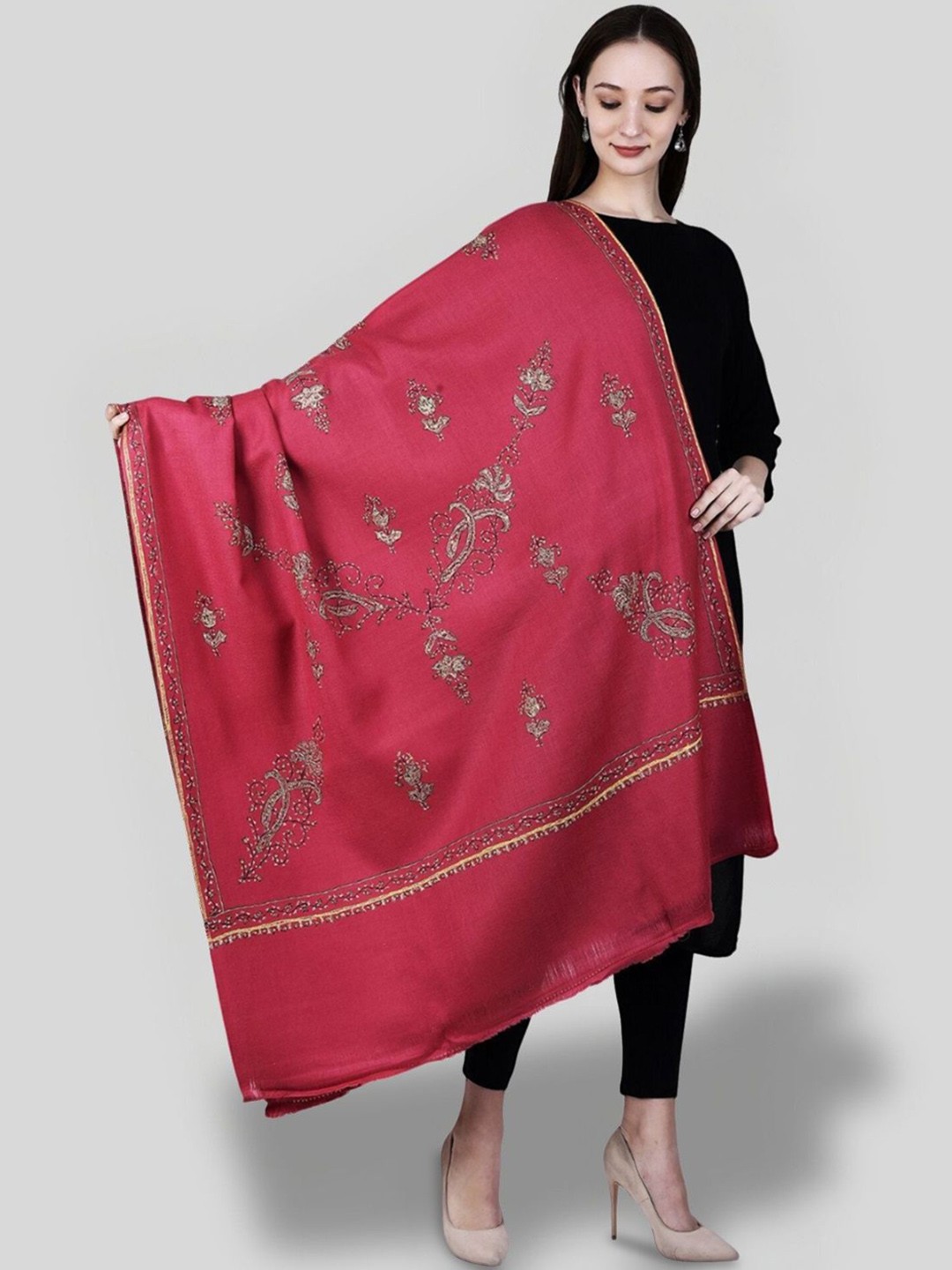 

SWI Stylish Pure Woollen Floral Embroidered Shawl, Pink