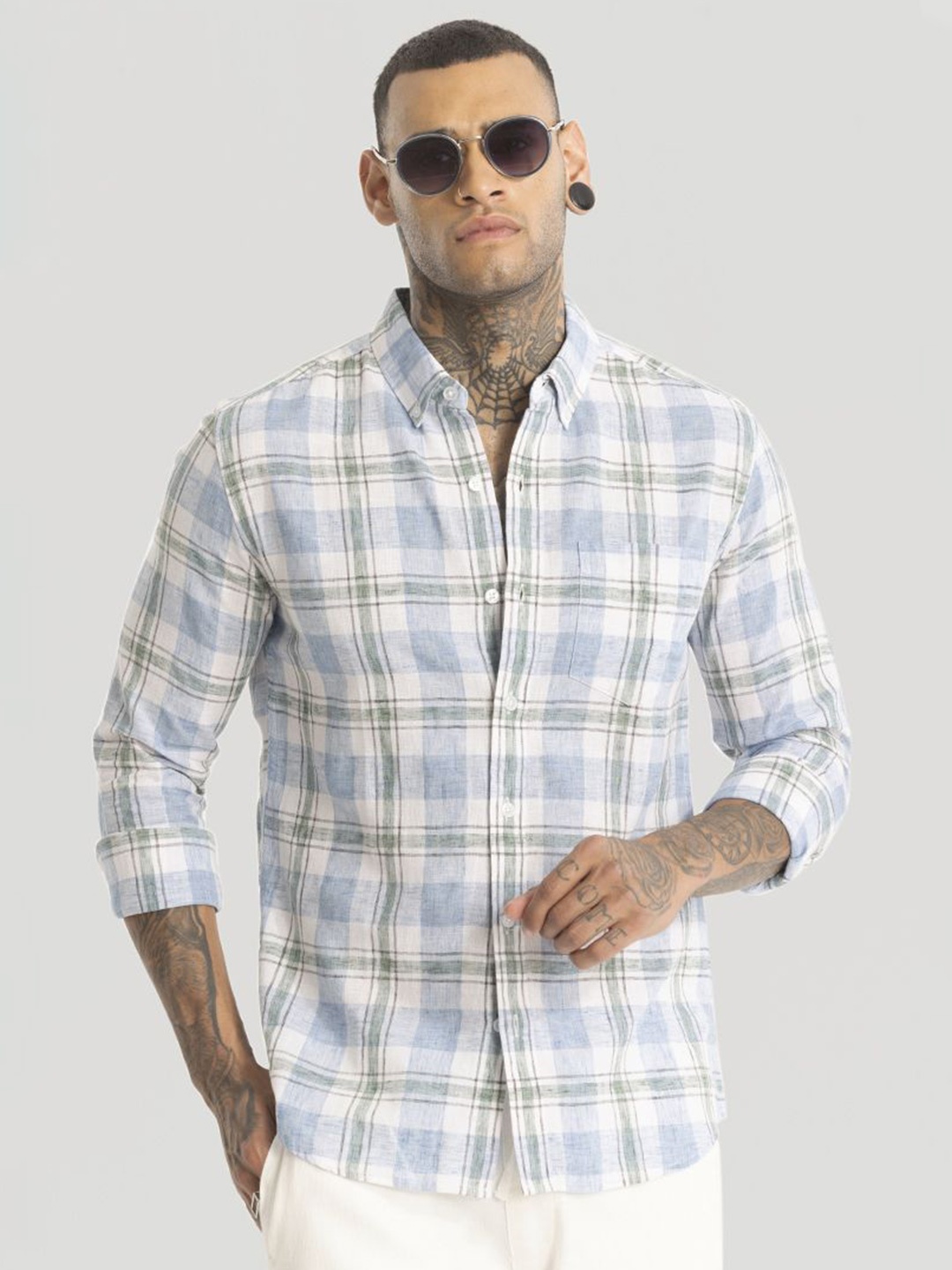 

Snitch Men Smart Slim Fit Opaque Checked Casual Shirt, Blue