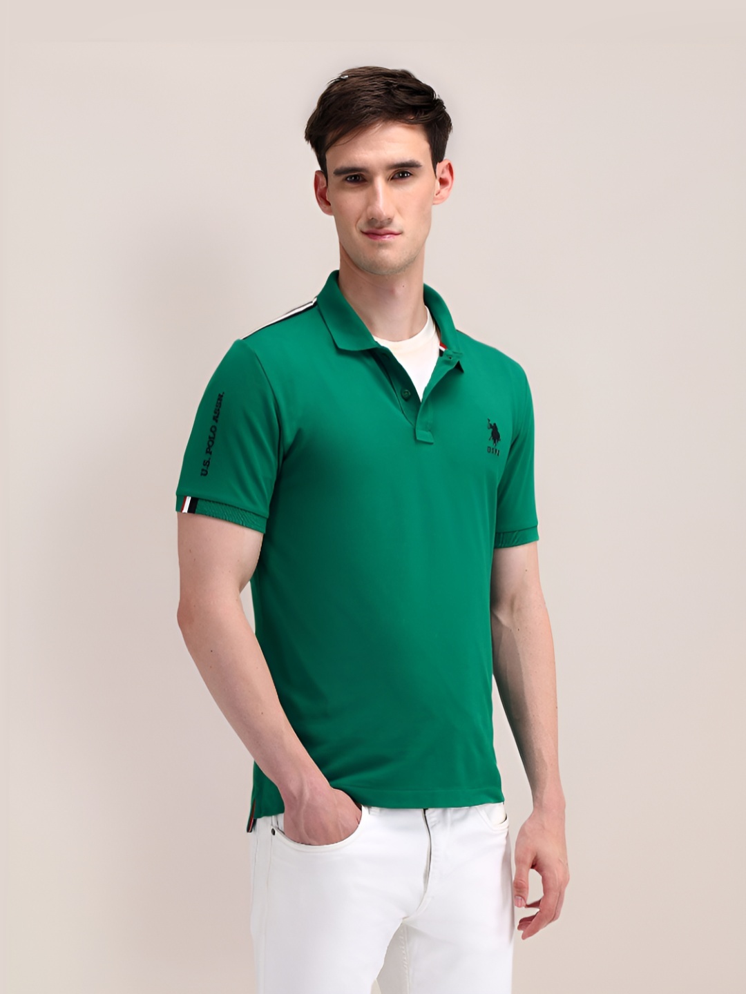 

U.S. Polo Assn. Men Solid Polo Collar Cotton Slim Fit T-shirt, Green