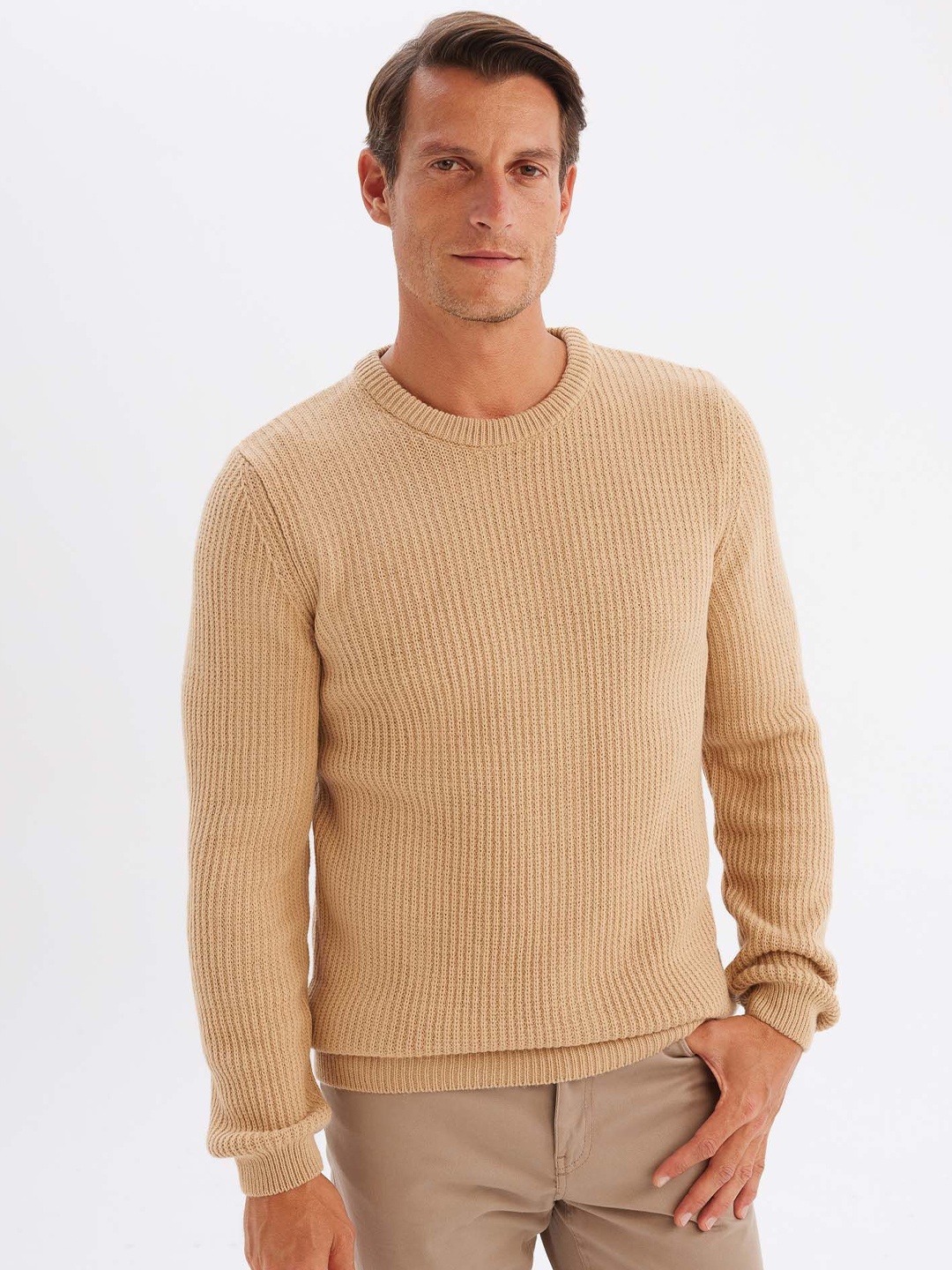 

DeFacto Men Ribbed Pullover, Beige