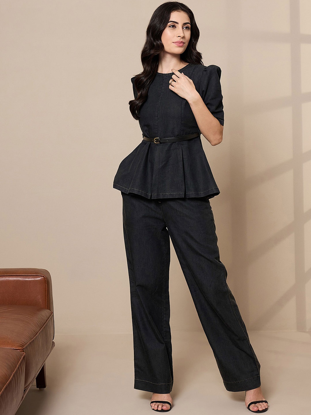 

SASSAFRAS worklyf Pure Cotton Peplum Top With Straight Trouser, Black