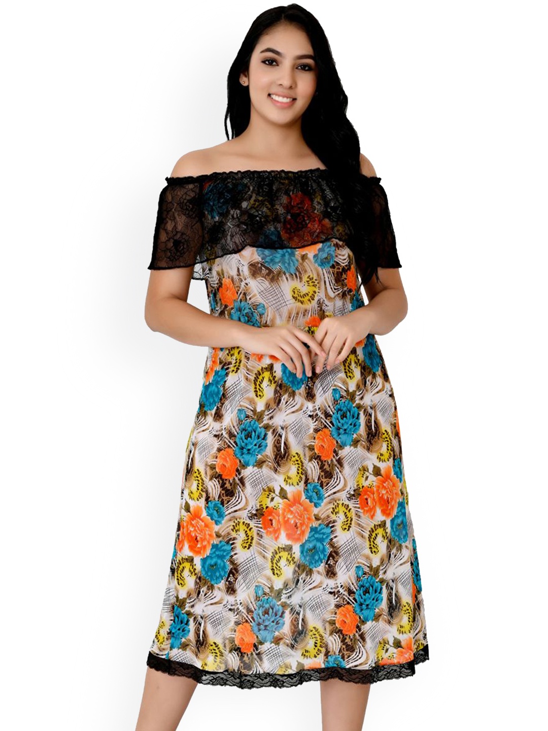 

chia fashions Off Shoulder Floral Nightdress, Orange