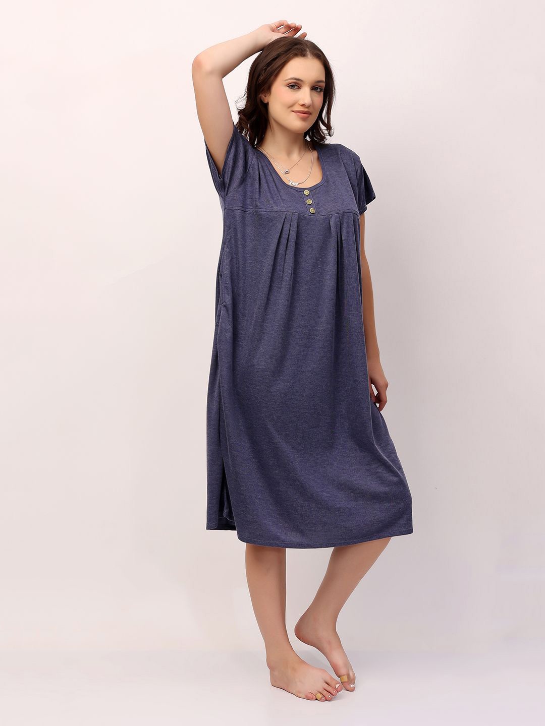 

NIGHT KEYS Round Neck Solid Hoseiry Nightdress, Navy blue