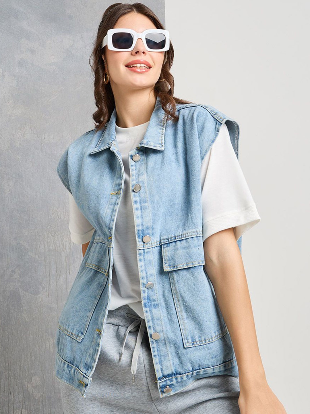 

Styli Women Denim Button Up Vest Jacket, Blue