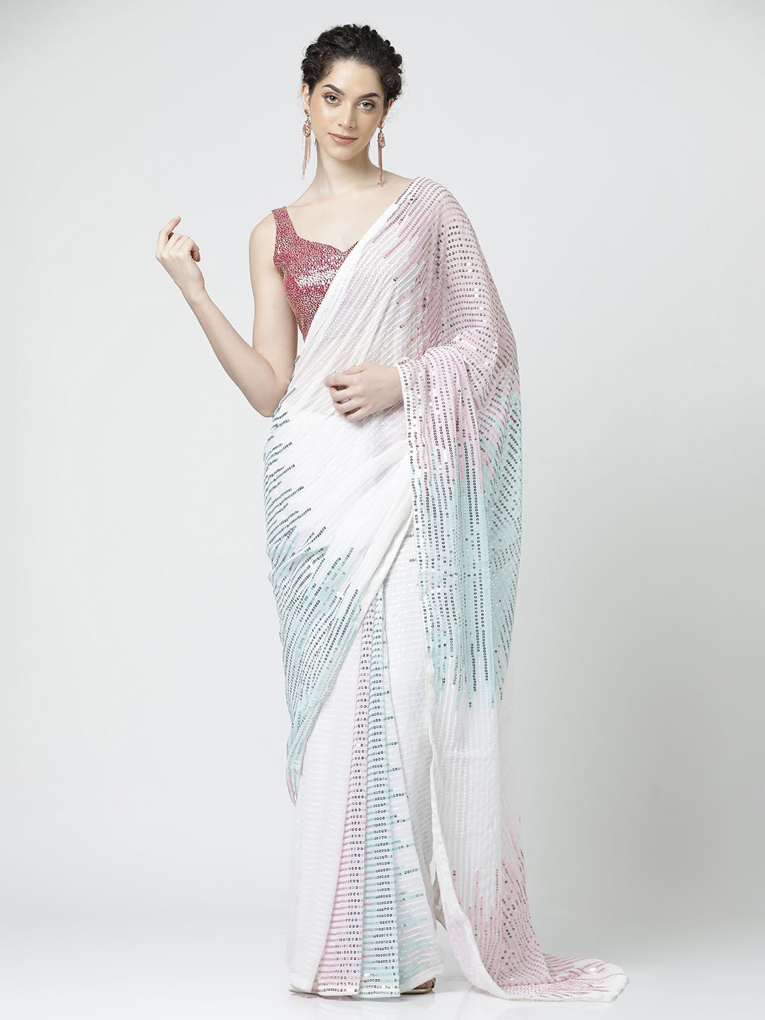 

Jaipur Kurti Embellished Sequinned Pure Georgette Saree, White