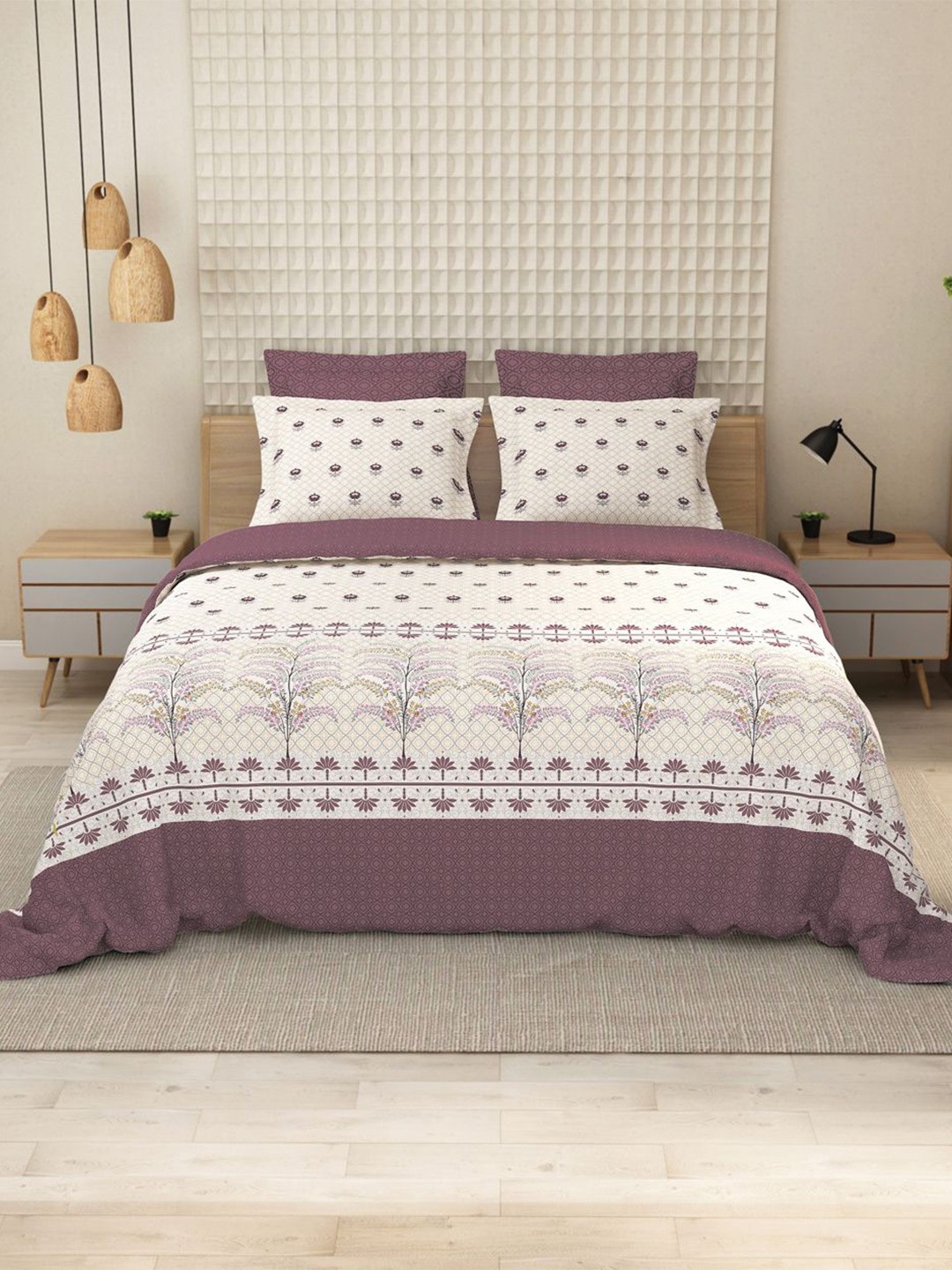 

LABHAM Purple & White Floral 152 TC Pure Cotton King Bedsheet With 2 Pillow Covers
