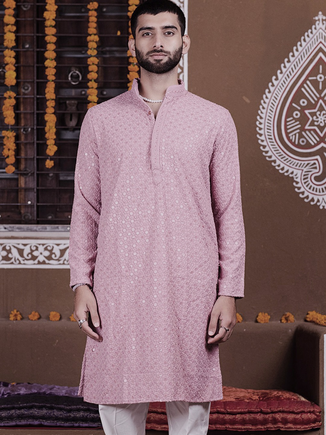 

Tistabene Floral Embroidered Sequinned Mandarin Collar Cotton Straight Kurta, Rose
