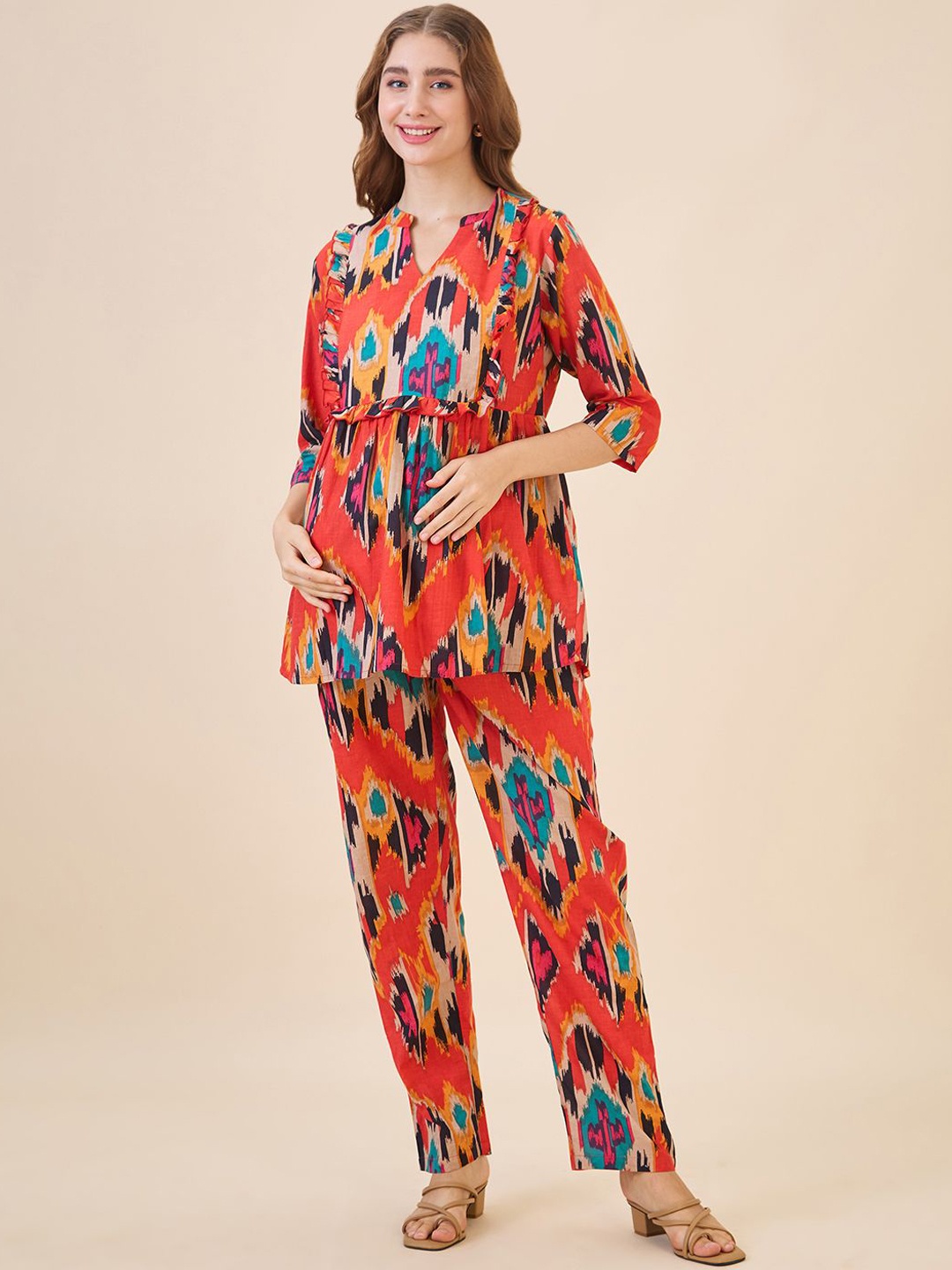 

AV2 Printed Mandarin Collar Pure Cotton Maternity Tunic With Trouser, Orange