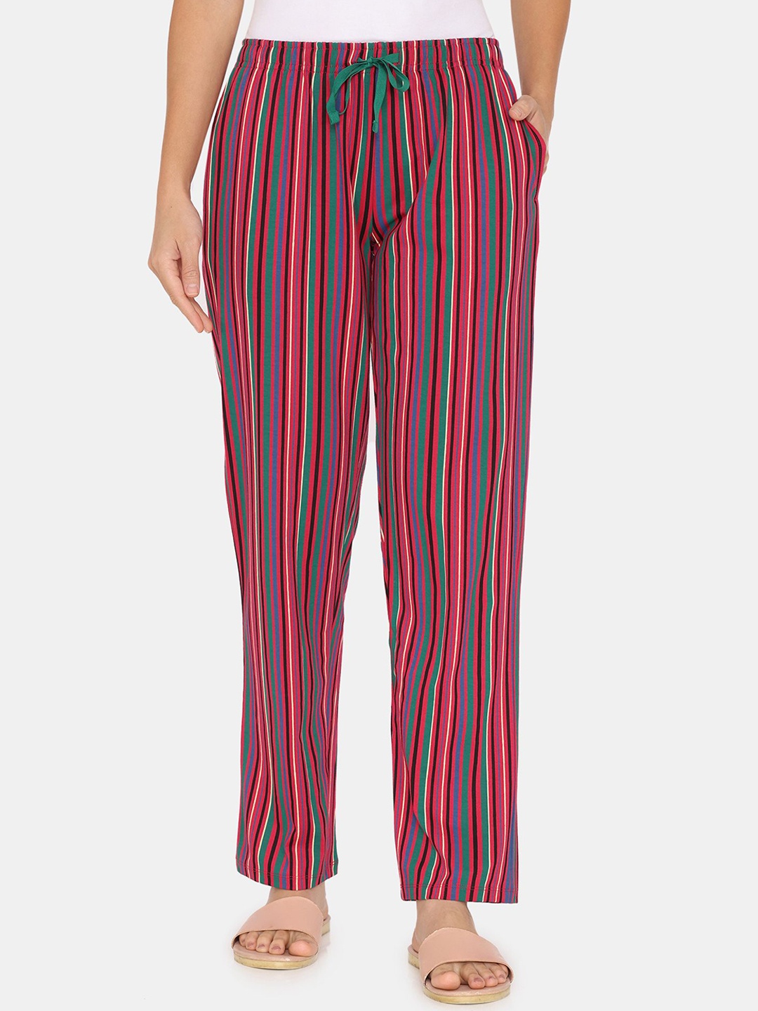 

Zivame Women Striped Straight Lounge Pants, Red