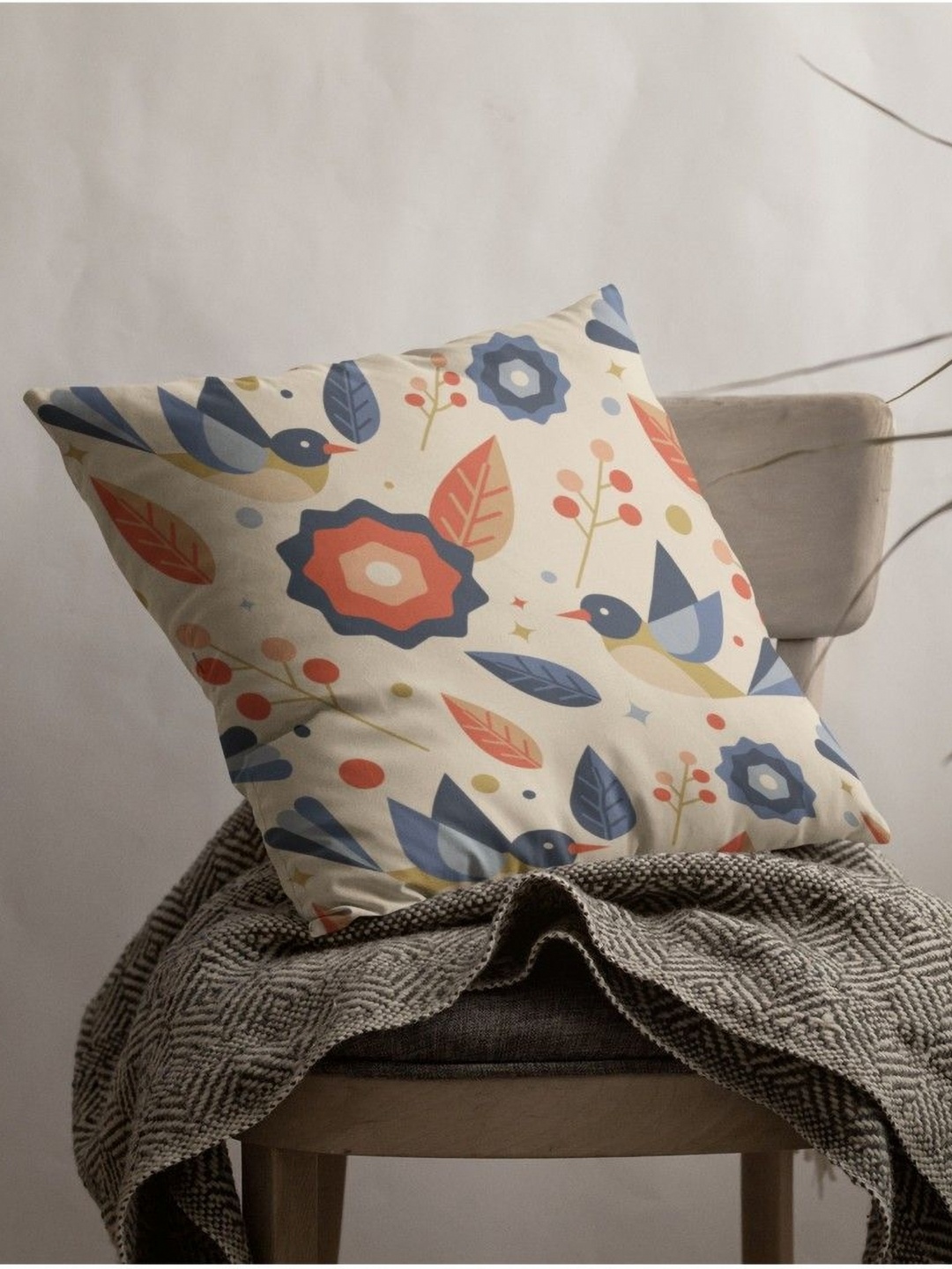 

THEYAYACAFE Cream-Coloured & Blue Floral Velvet Square Cushion Cover