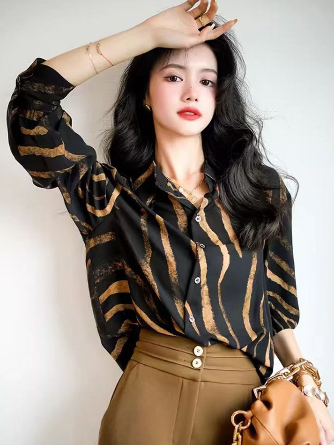 

LULU & SKY Striped Shirt Style Top, Khaki
