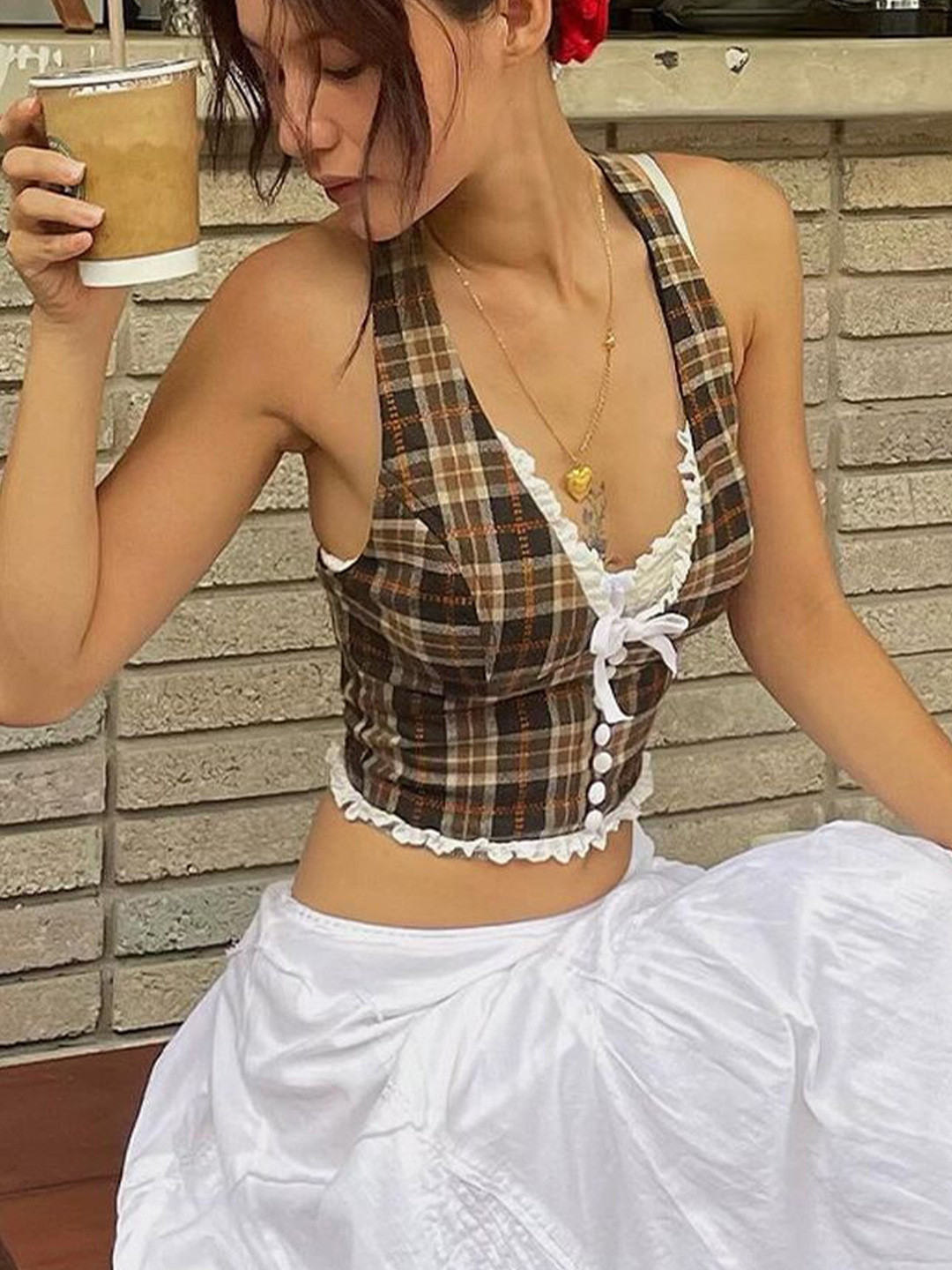 

LULU & SKY Checked Tank Top, Brown