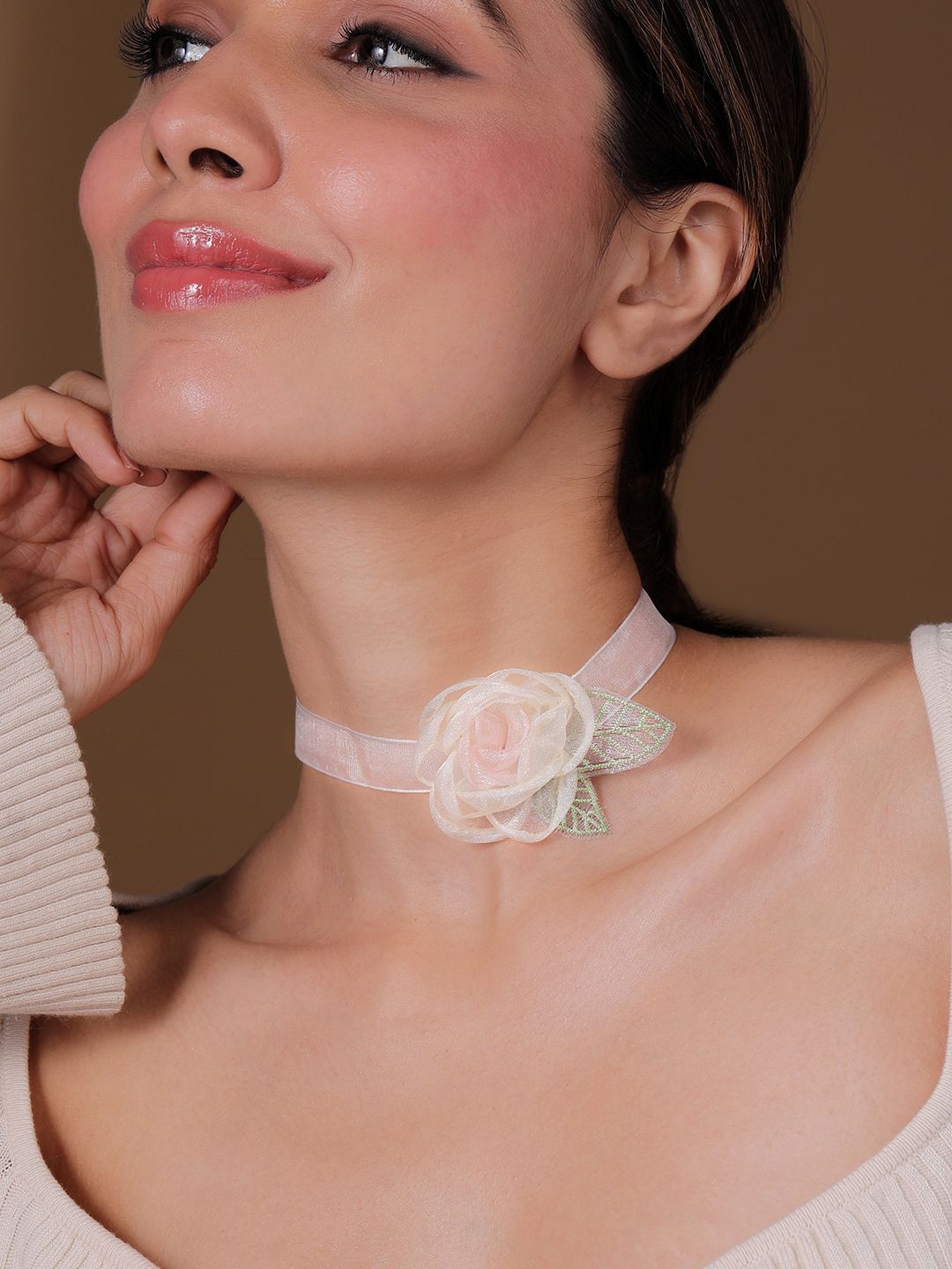 

Rubans Soft Pink Rose Sheer Ribbon Choker Necklace with Delicate Leaf Accents, Cream