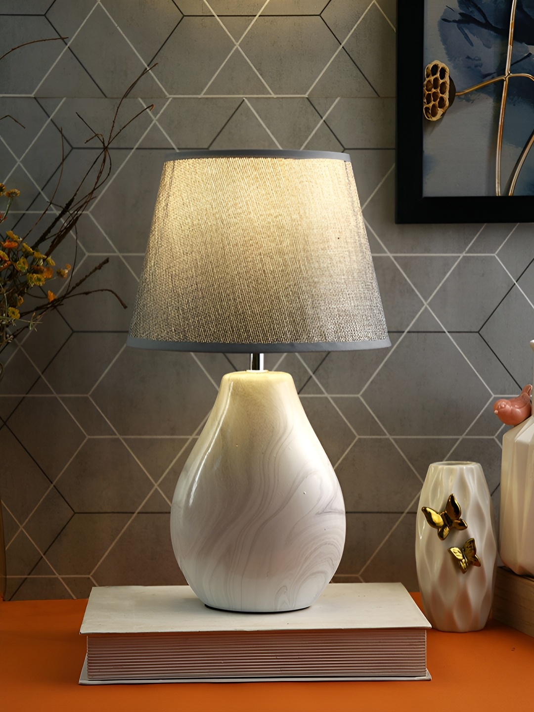 

TAYHAA Grey & White Printed Ceramic Contemporary Frustum Shaped Table Lamp