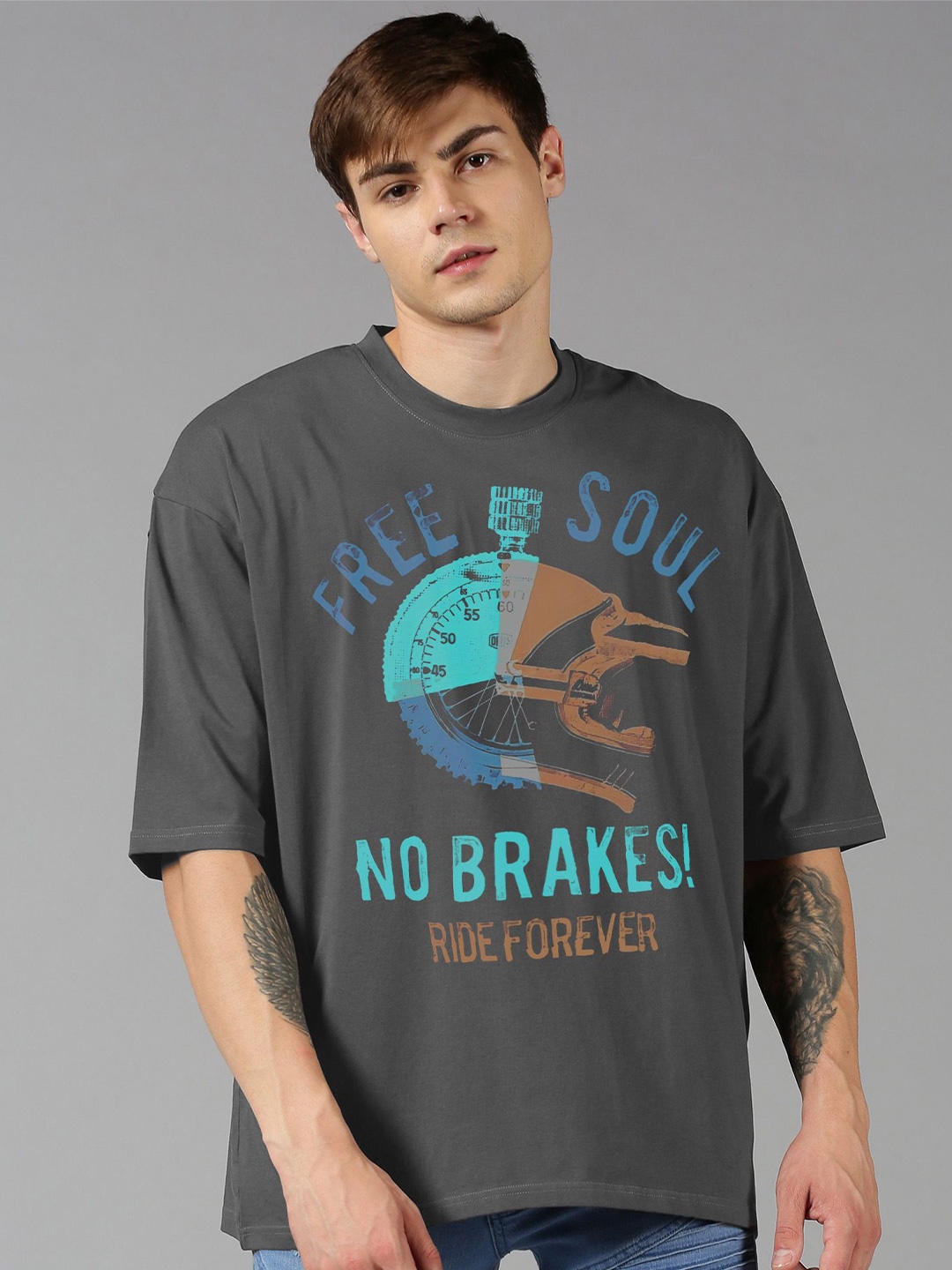 

The Roadster Lifestyle Co Printed Cotton Oversized Tshirts, Grey