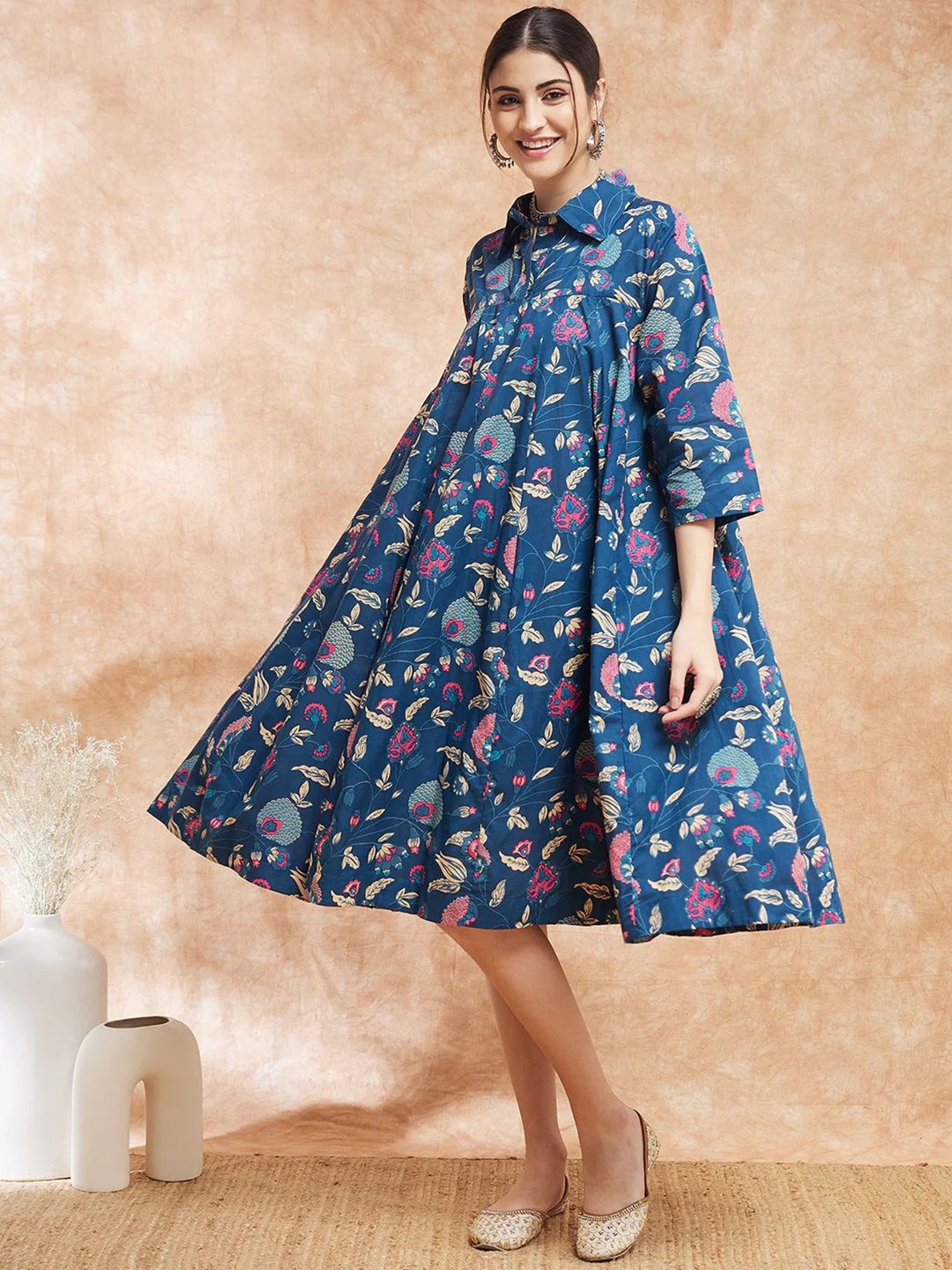 

Shrivani Floral Printed Shirt Collar Cotton Empire Dress, Blue