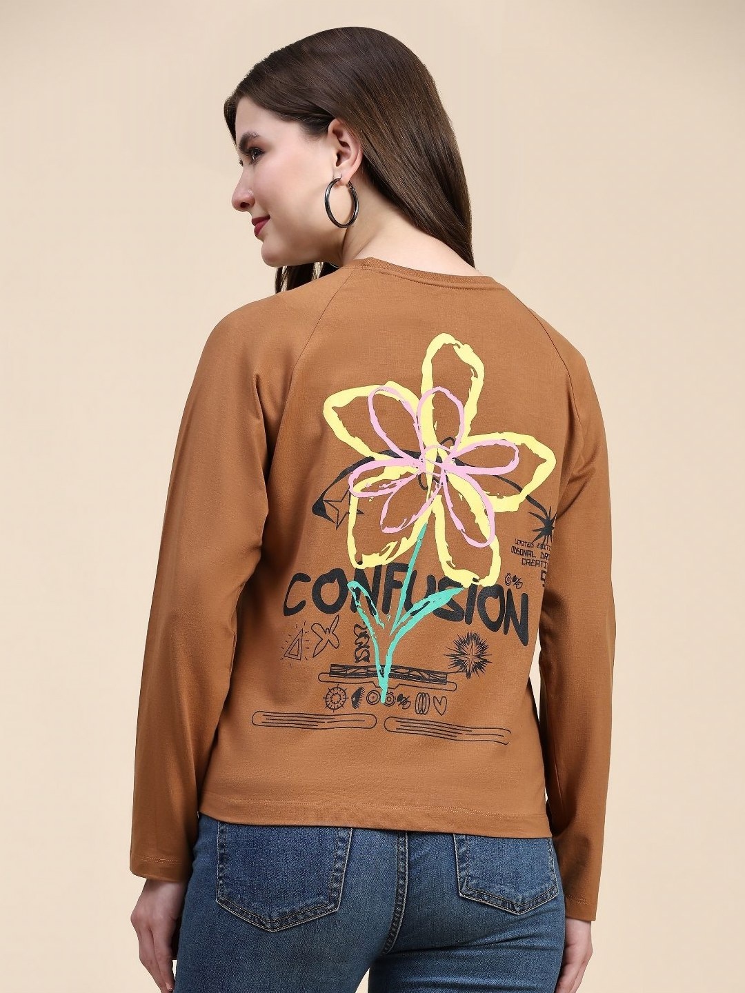 

AECK Women Graphic Printed Round Neck Cotton T-shirt, Tan