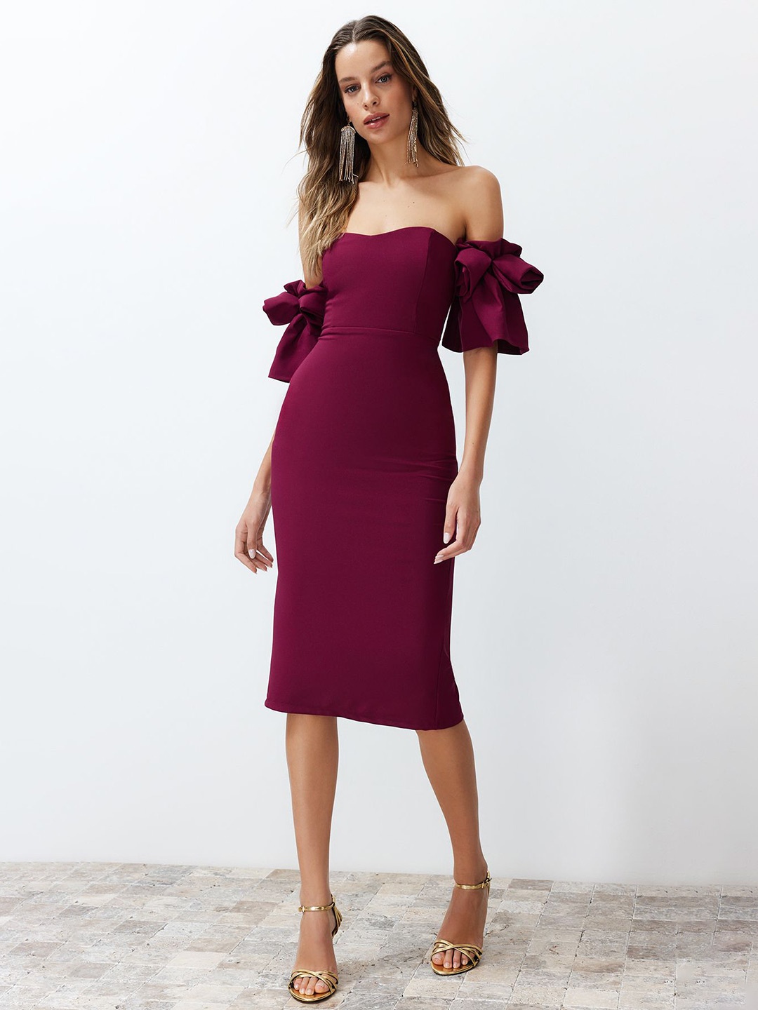 

Trendyol Off-Shoulder Flutter Sleeve Bodycon Dress, Purple