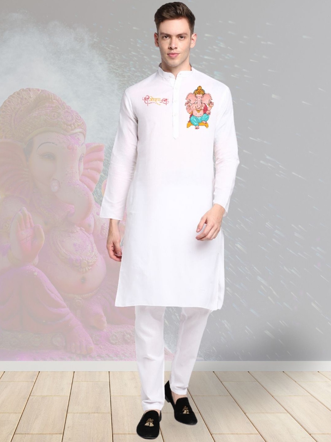 

DEVOILER Ethnic Motifs Printed Mandarin Collar Cotton Straight Kurta, White
