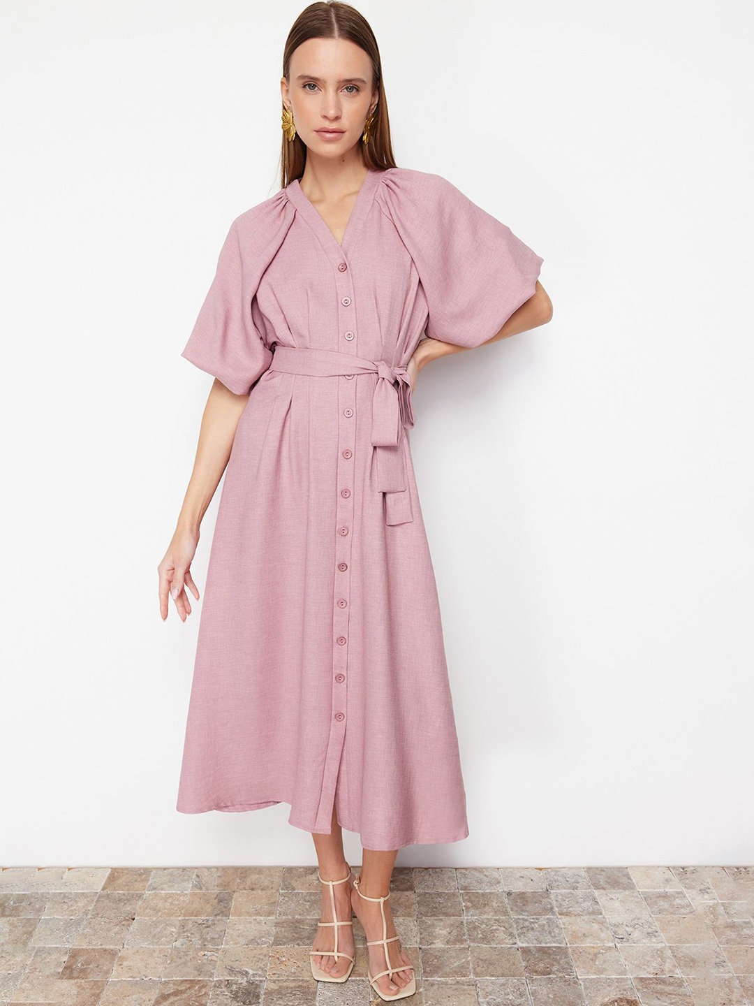 

Trendyol Flared Sleeve V-neck Midi Dress, Na