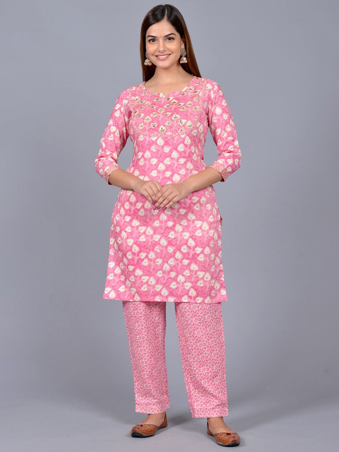 

KALINI Floral Printed Round Neck Mirror Work Straight Kurta With Palazzos, Pink