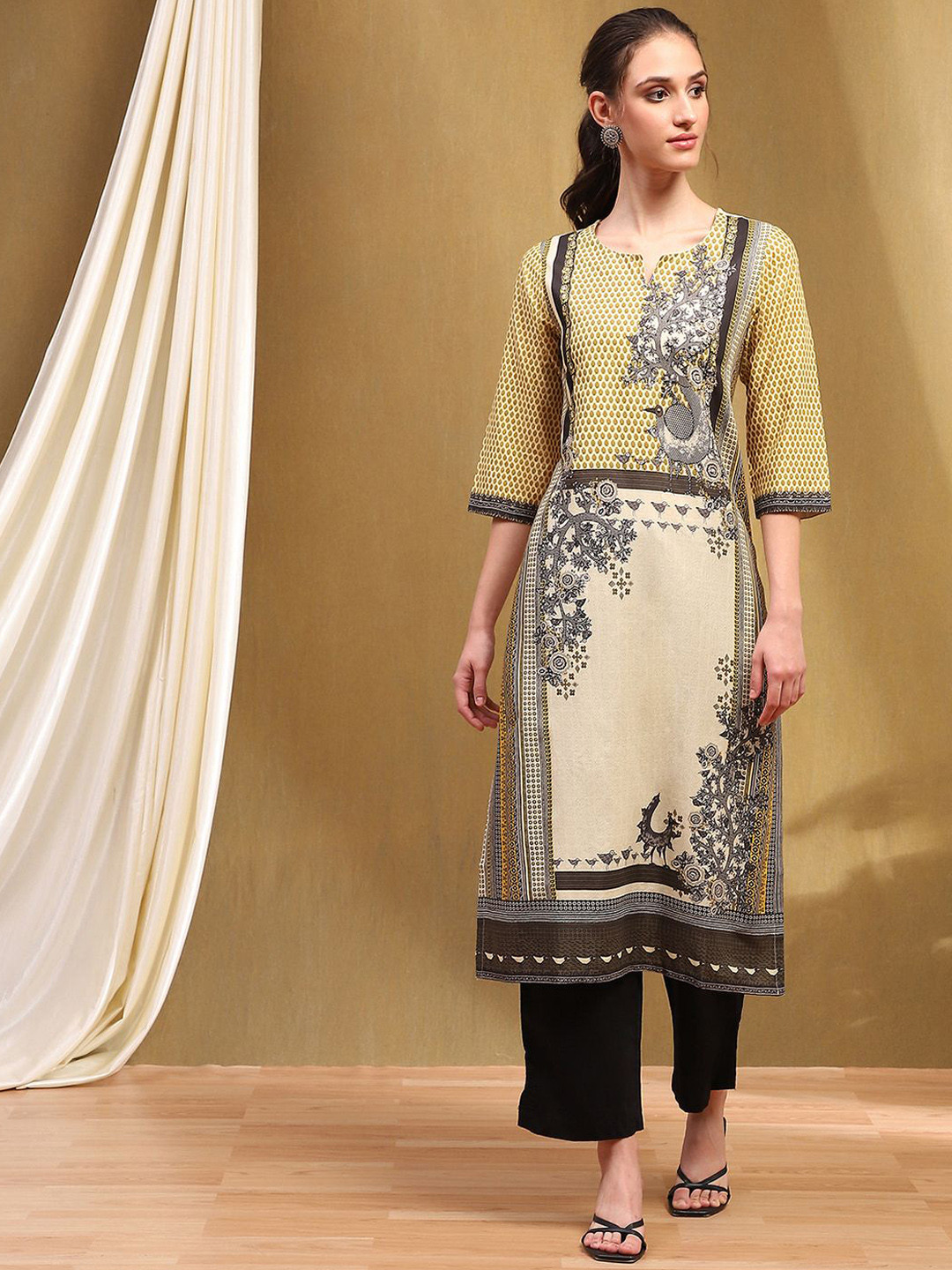 

Biba Ethnic Motifs Printed Cotton Straight Kurta, Yellow