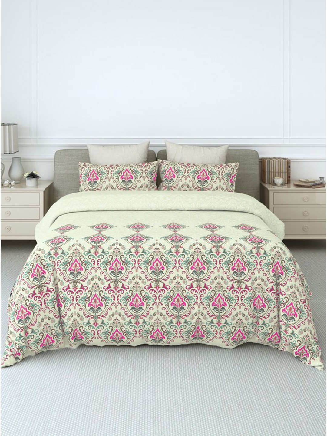 

LABHAM Simple Living Olive Green Printed 180 TC Cotton King Bedsheet & 2 Pillow Covers