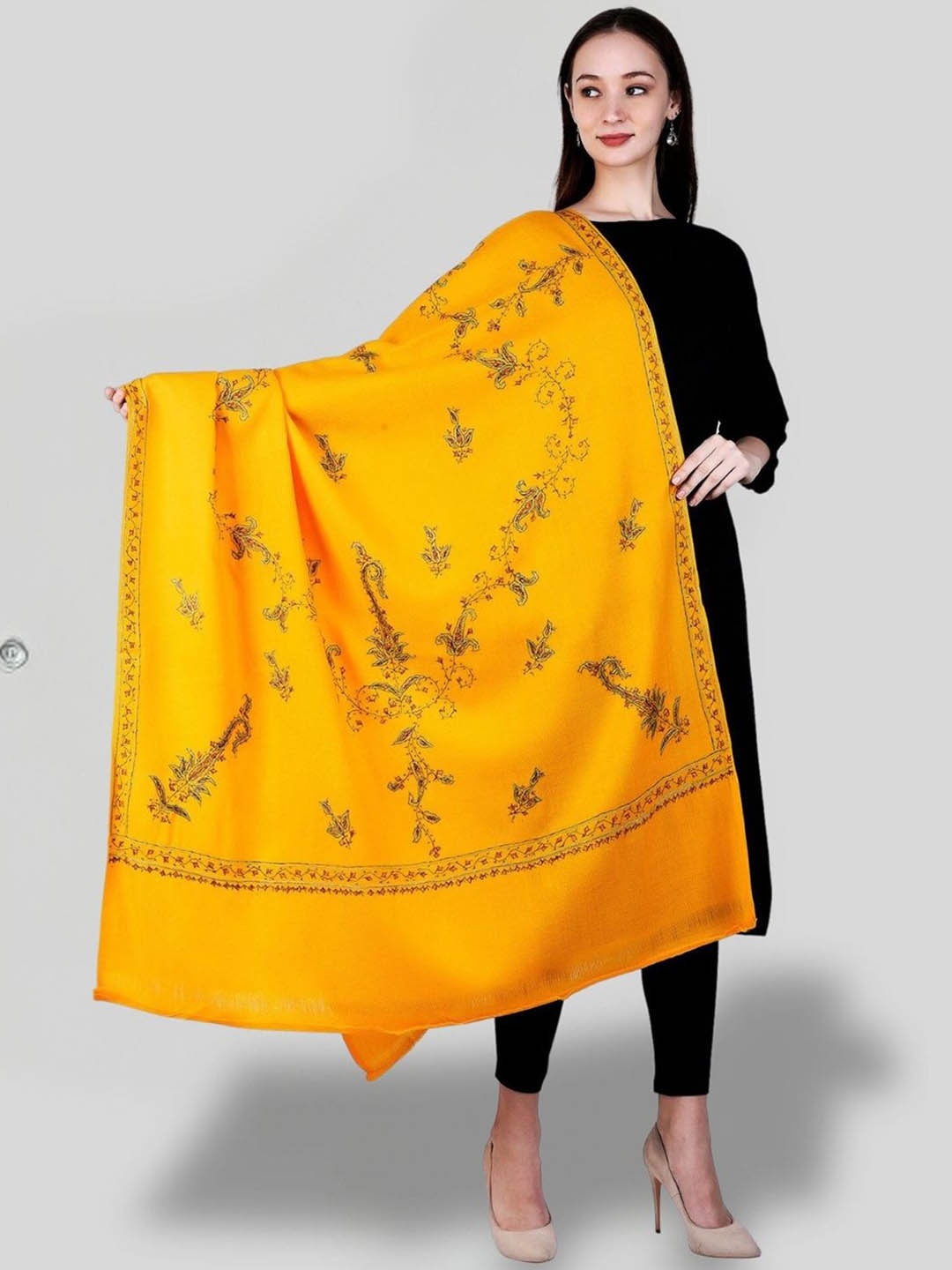 

SWI Stylish Floral Embroidered Pure Woollen Shawl, Yellow