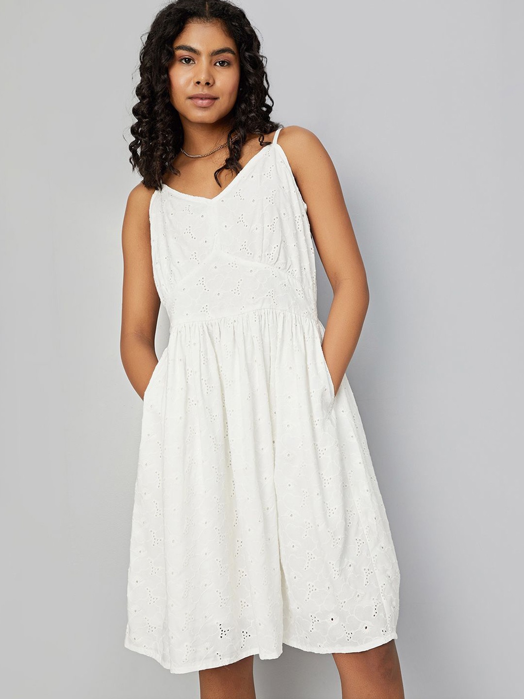 

max Self Design V-Neck Ready to Wear Fit & Flare Dress, Off white