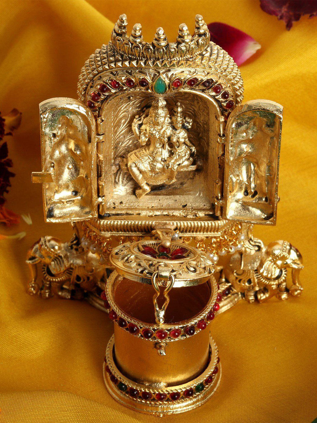 

Exotic India Brass Shiva Parvati in Royal Court Sindoor Box With Stone Work, Gold