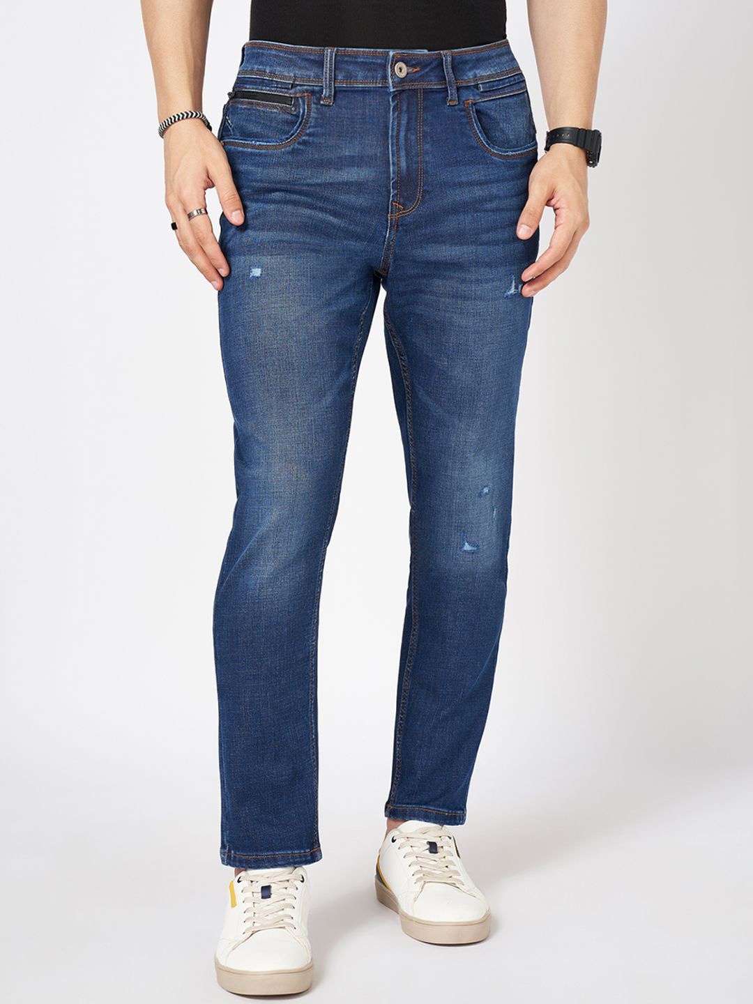 

SF JEANS by Pantaloons Men Slim Fit Low Distress Light Fade Jeans, Blue