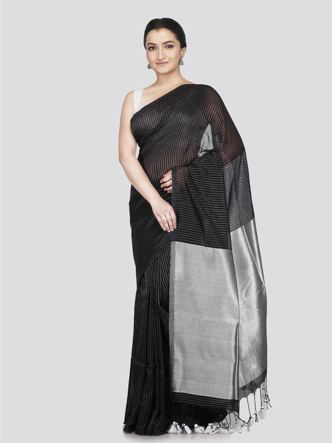 

PinkLoom Striped Pure Cotton Saree, Black