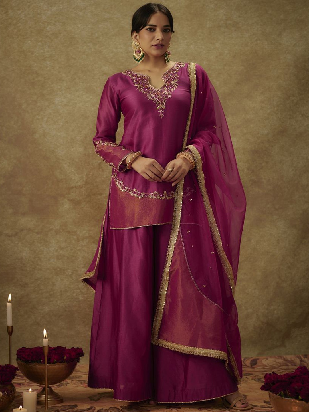 

The Aarya Floral Embroidered Regular Zari Chanderi Silk Kurti With Palazzos & Dupatta, Magenta