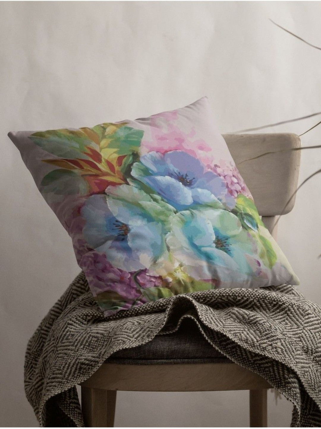 

THEYAYACAFE Blue & Pink Floral Square Cushion Cover