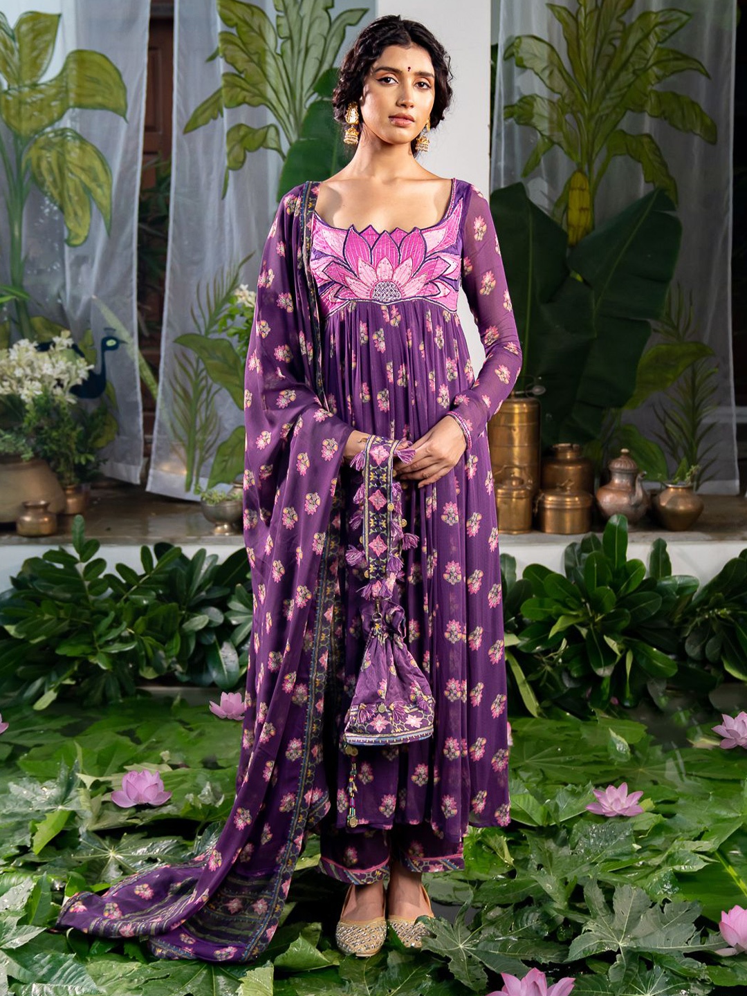

Baise Gaba Jinal Floral Printed Beads and Stones Silk Chiffon Kurta with Pyjamas & Dupatta, Purple