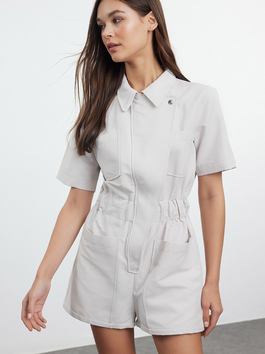 

Trendyol Shirt Mini Shirt Collar Solid Dress, Off white