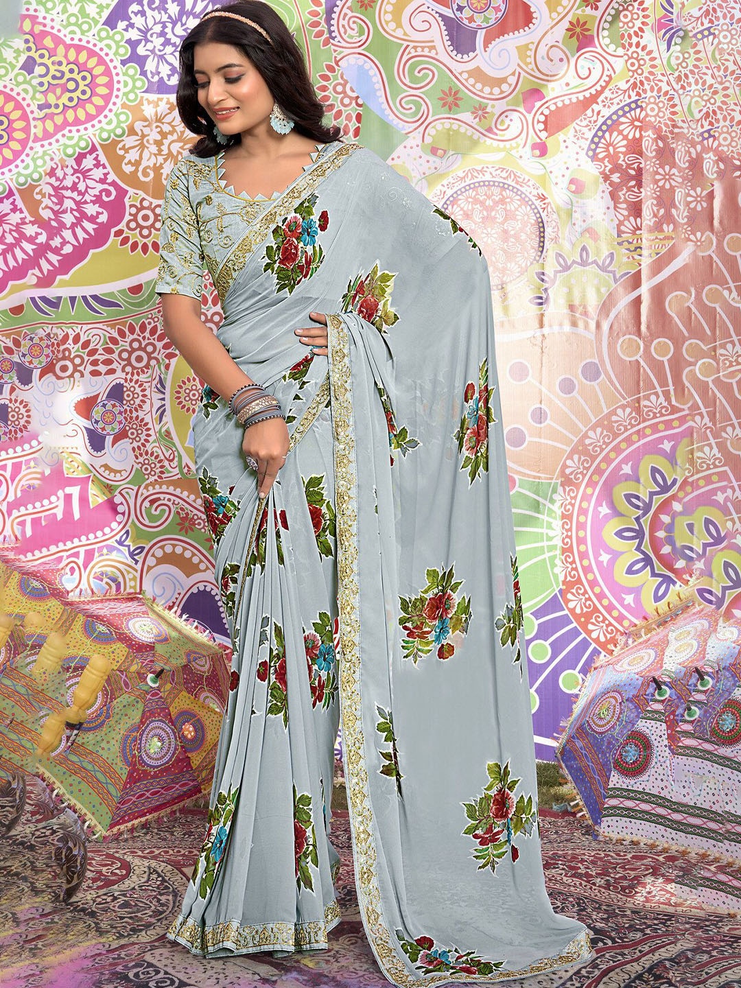 

CHUDIYA Sequinned Floral Pure Georgette Saree, Grey