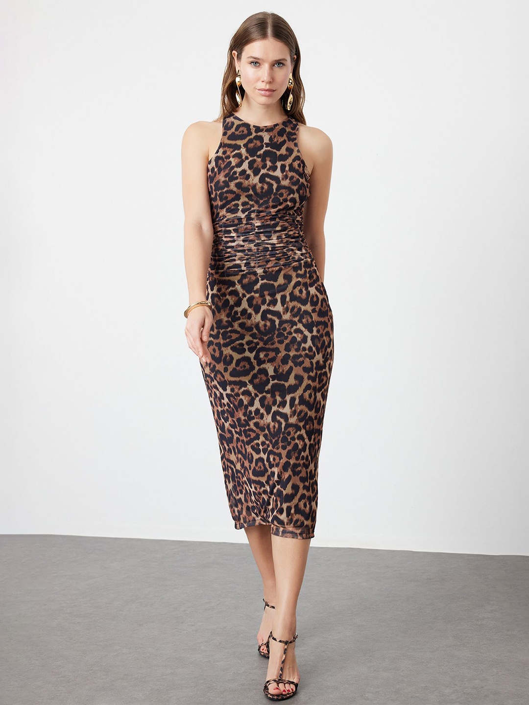 

Trendyol Animal Printed Bodycon Midi Dress, Beige
