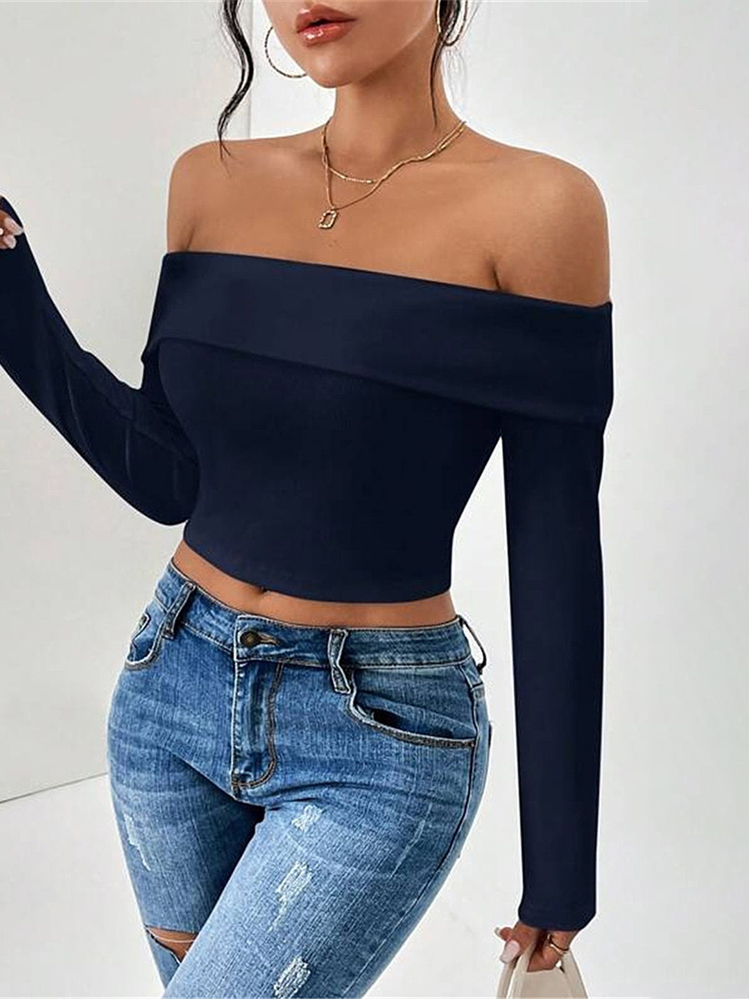 

LULU & SKY Off-Shoulder Bardot Crop Top, Navy blue