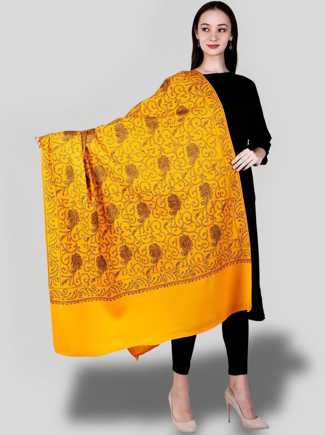 

SWI Stylish Floral Embroidered Pure Woollen Shawl, Yellow