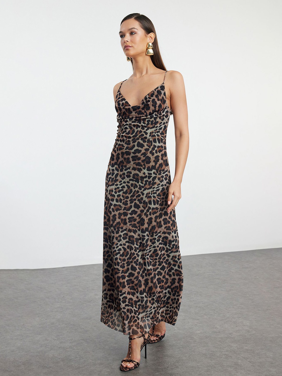 Trendyol Cowl Neck Shoulder Straps Animal Printed Maxi Dress, Na